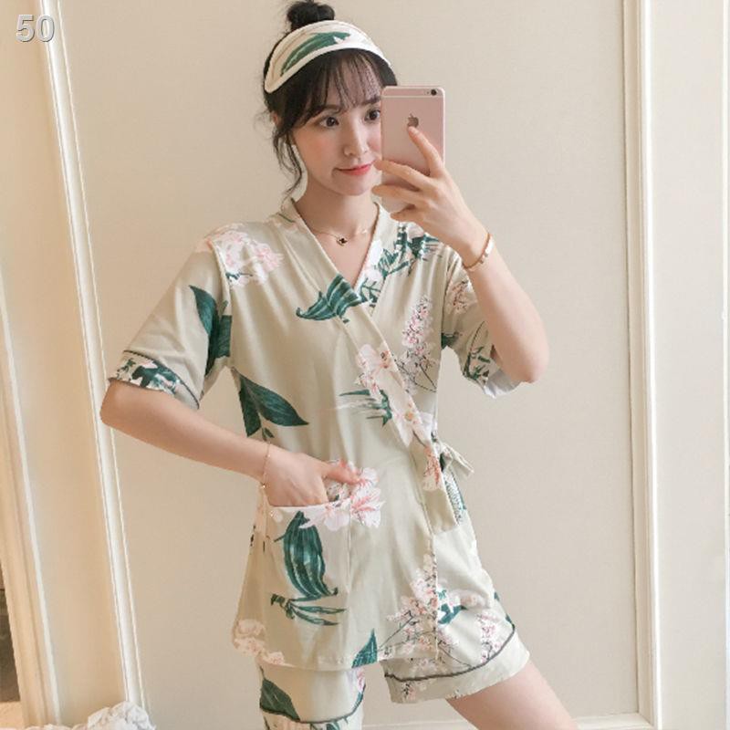 pyjama nữ sinh mùa hè phiên bản Hàn Quốc dễ thương mới rộng rãi lưới màu đỏ ngắn tay kimono hai dây - bộ đồ vest c