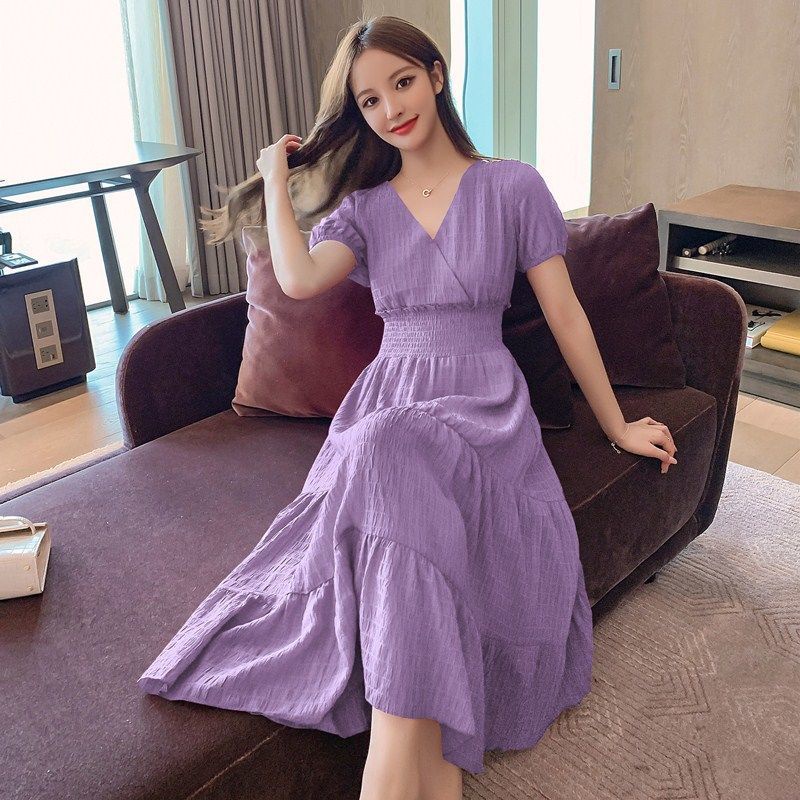 Đầm Dài Qua Gối Tay Ngắn Cổ Chữ V Phong Cách Mori Pháp Thời Trang Cho Nữ