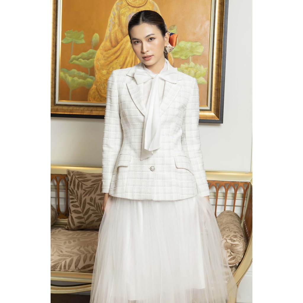 Set áo vest dạ dáng dài kẻ đen VENUS
