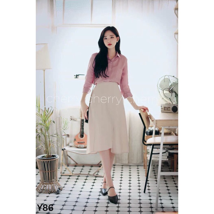 Sét áo sơ mi hồng chân váy chữ A Y86