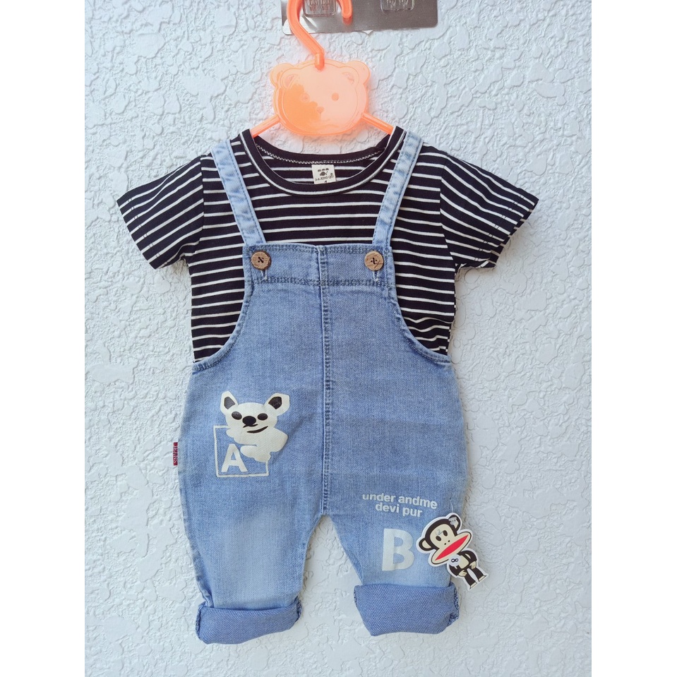Yếm jean bé trai, Set yếm Jean kèm áo thun sọc cho bé trai size 6-10kg
