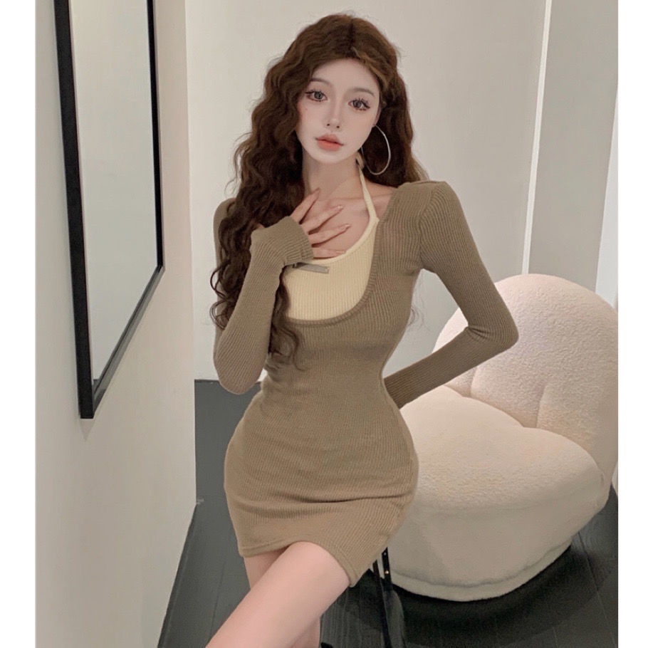 COZOK Đầm Tay Dài Dáng Ôm Cổ Chữ V Thời Trang Quyến Rũ Cho Nữ