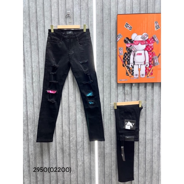 Quần jean nam vá gối xanh đỏ khâu viền,Quần bò vá nhăn amiri xanh đỏ rách gối