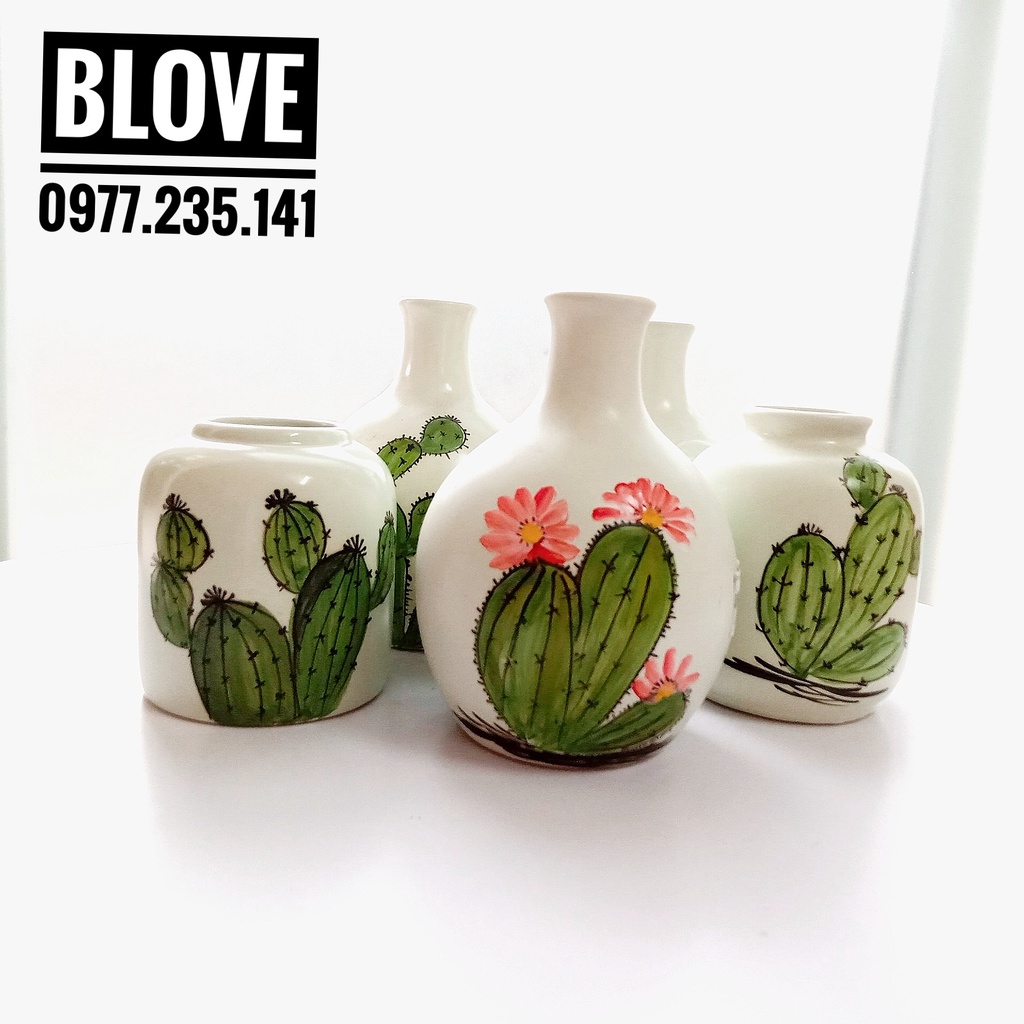 Quà tặng bạn gái, Bình hoa vẽ tay thủ công hình xương rồng,Gốm sứ bát tràng cao cấp,Trang trí nhà cửa,decor
