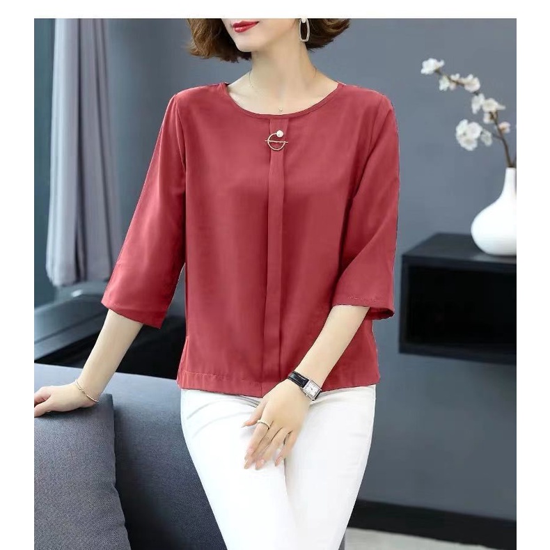 Áo thun tay dài dáng rộng họa tiết kẻ sọc thời trang cho phụ nữ trung niên