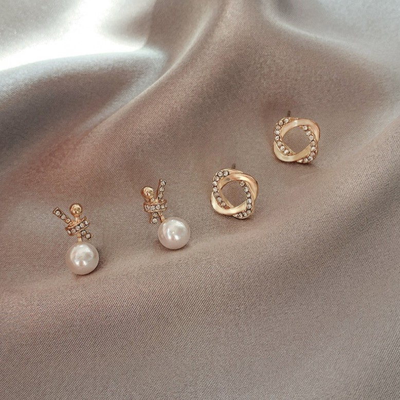 Bông Tai Kim Bạc Đính Ngọc Trai Đơn Giản