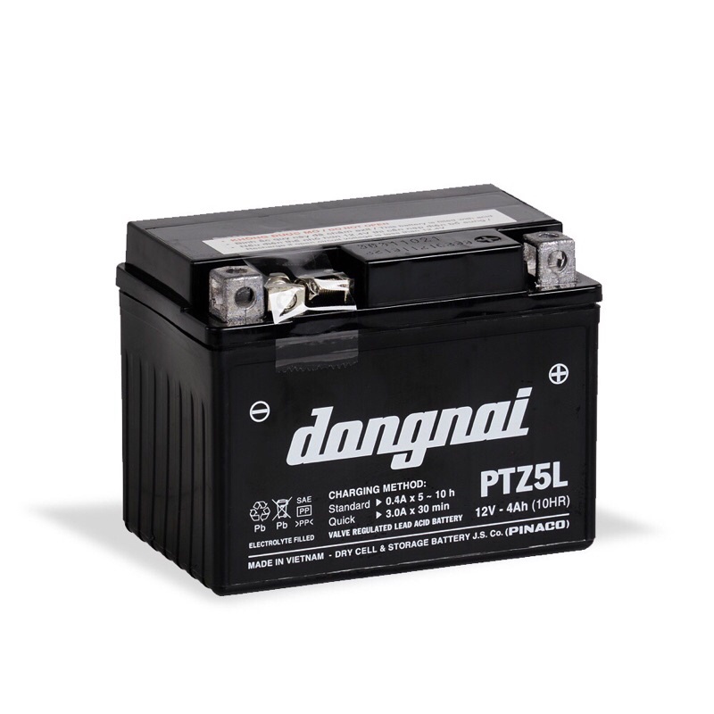 Bình acquy xe máy khô miễn bảo dưỡng Đồng Nai PTZ5L | 12V - 4Ah, ắc quy xe máy honda 12v.