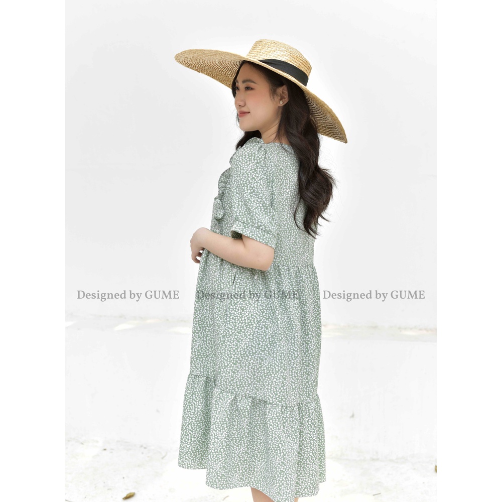 Váy bầu bigsize thiết kế GuMe dáng babydoll 3 tầng tay bo chất vải đũi hàn hoa nhí dễ thương sz từ 40-100kg GM018