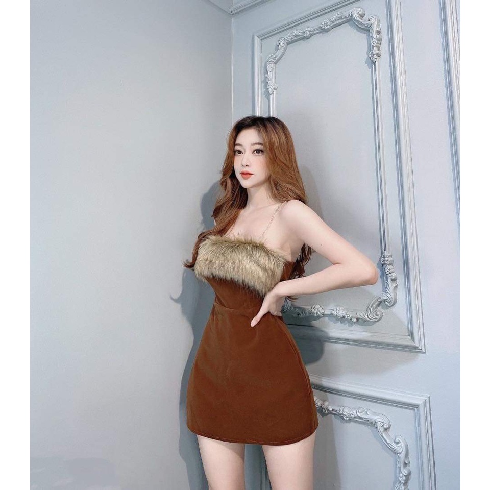 Đầm nữ, váy nhung cứng Buladanh phối lông siêu xinh. Đầm xinh diện phố