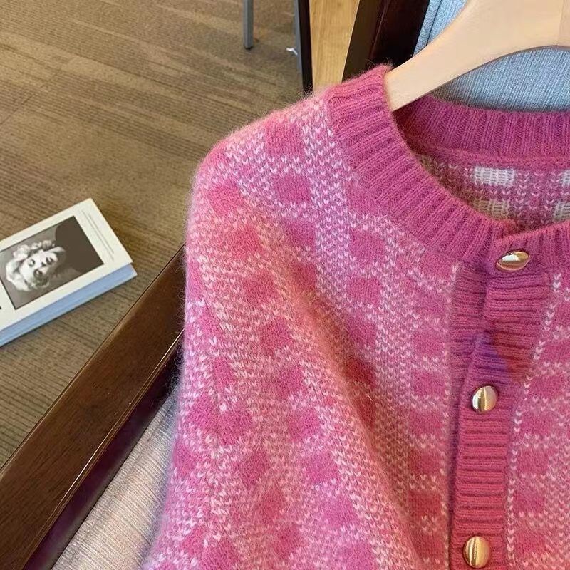 Áo Khoác Cardigan Dệt Kim Kẻ Sọc Caro Xinh Xắn Cho Nữ