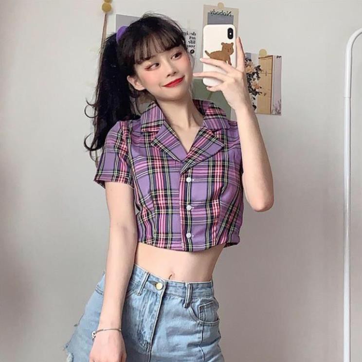 ÁO SƠ MI CROPTOP TAY NGẮN KẺ SỌC CARO THỜI TRANG CHO NỮ - CROPTOP CARO KẺ TÍM ĐEN ĐỎ HỒNG VÀNG XANH  ྇ ་