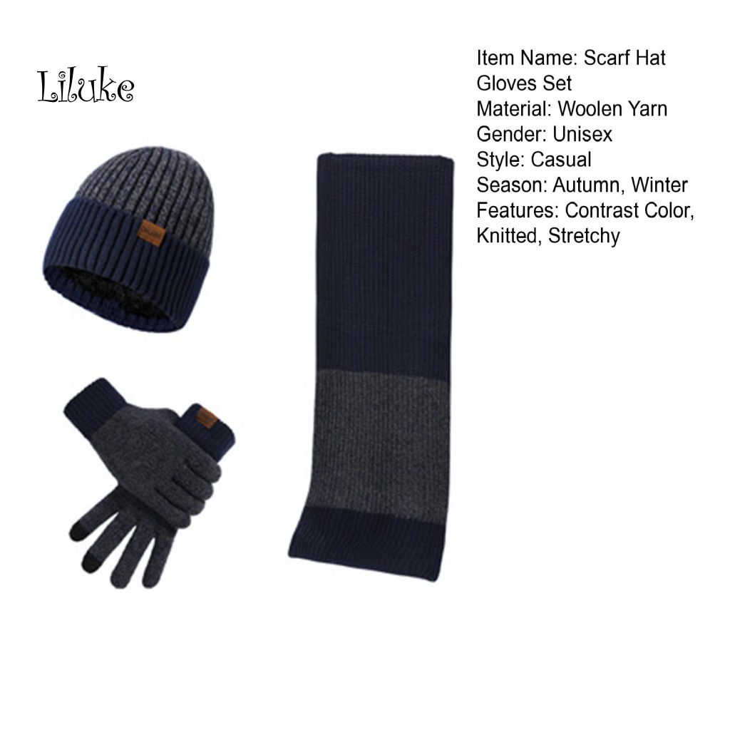 Set 3 Món Mũ Khăn Choàng Găng Tay Len Đan Màu Sắc Tương Phản Cho Nam Và Nữ