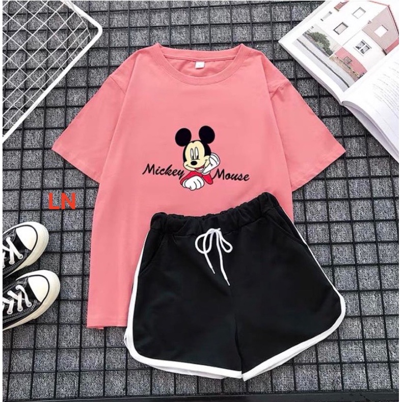 Sét áo chuột Micky + quần đùi đen viền trắng TH6
