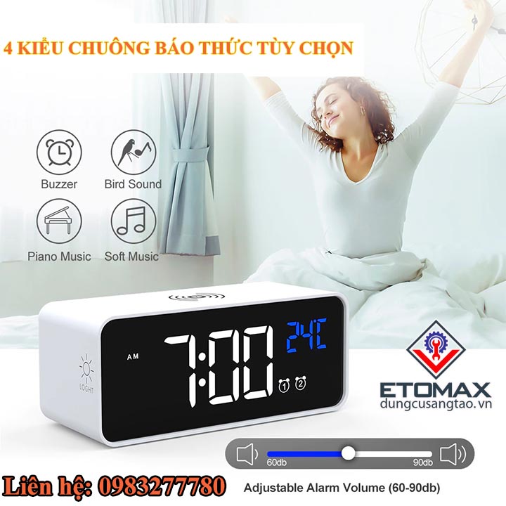 Đồng Hồ Báo Thức Điện Tử LED Kiêm Sạc Điện Thoại Không Dây Cao Cấp
