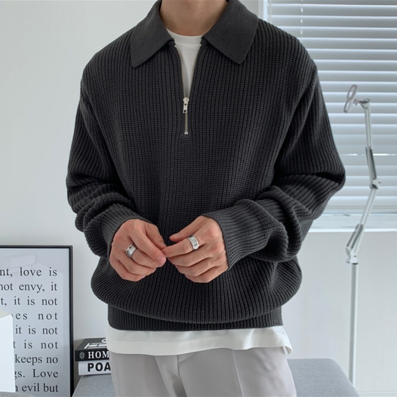 Áo Sweater Cổ Polo Dáng Rộng Dày Dặn Phối Khóa Kéo Cá Tính Kiểu Retro Nhật Bản Cho Nam