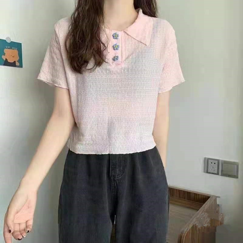 Áo sweater Cổ Polo Tay Ngắn Xếp Ly In Họa Tiết Hoa Thời Trang Mùa Hè Hàng Mới Dành Cho Bạn Nữ