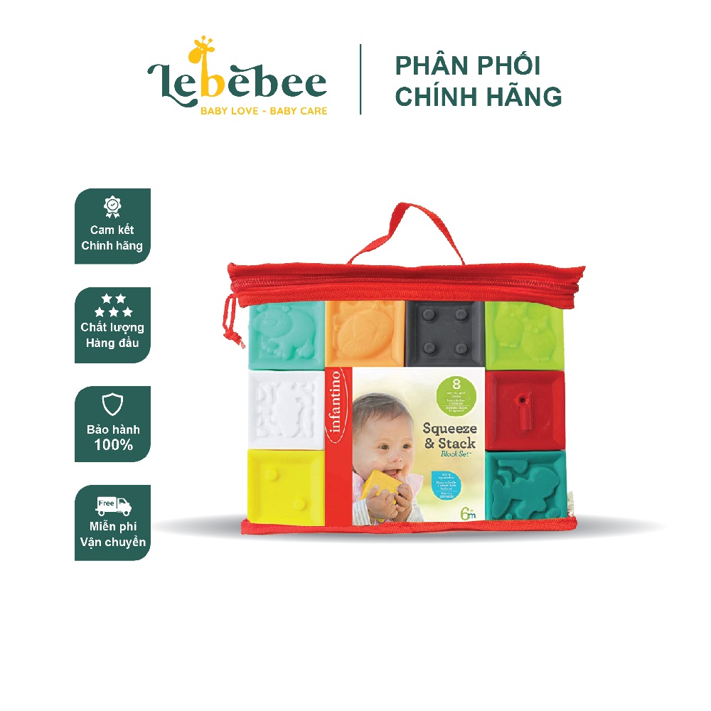 Đồ chơi Infantino-Squeezee &amp; stack block set 10pcs- set đồ chơi 10 hình khối sắc màu hình thú khác nhau
