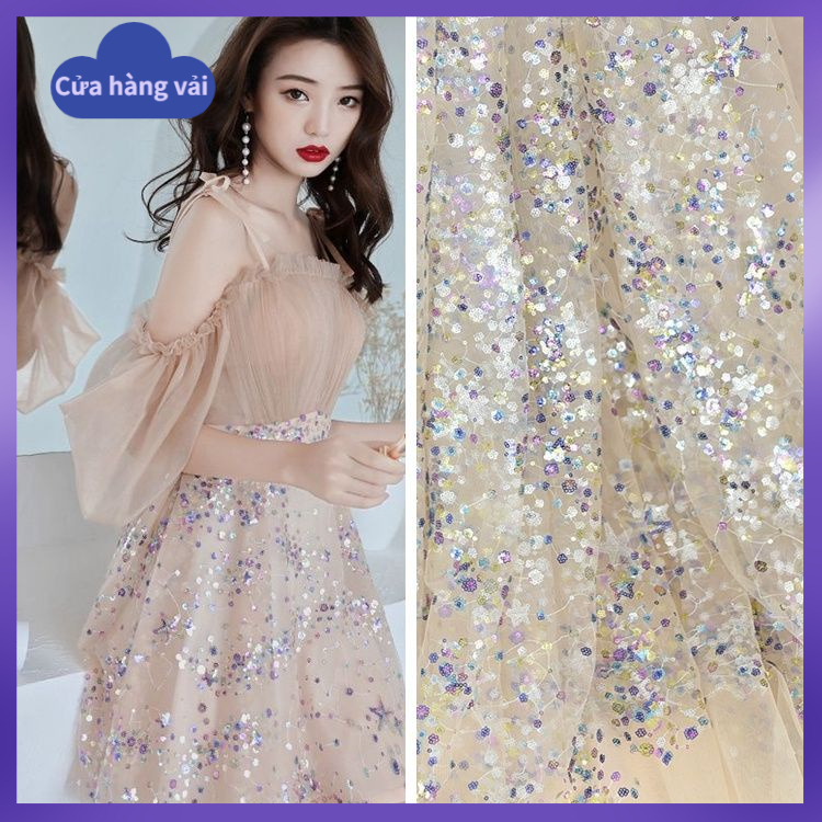 Vải Lưới Trong Suốt Đính Kim Sa Nhiều Màu Sắc Dùng May Đầm Thủ Công Cho Bé