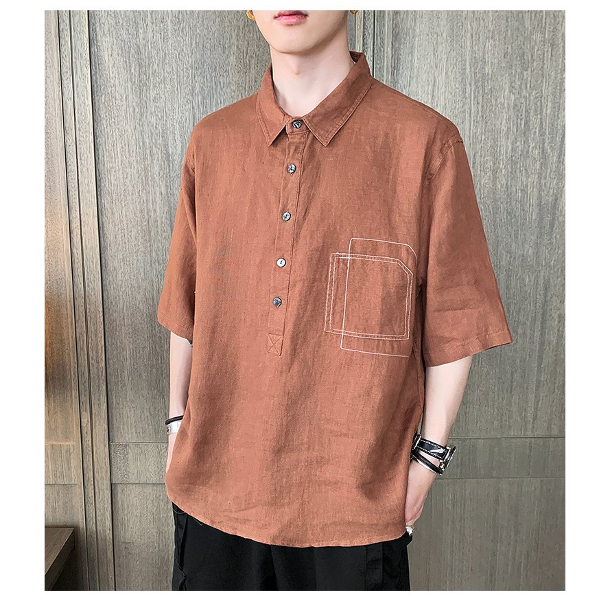 Áo đũi nam cổ đức chui đầu 5 khuy form rộng tay lỡ, chất đũi mềm mại, thiết kế túi ngực giả phong cách lịch lãm