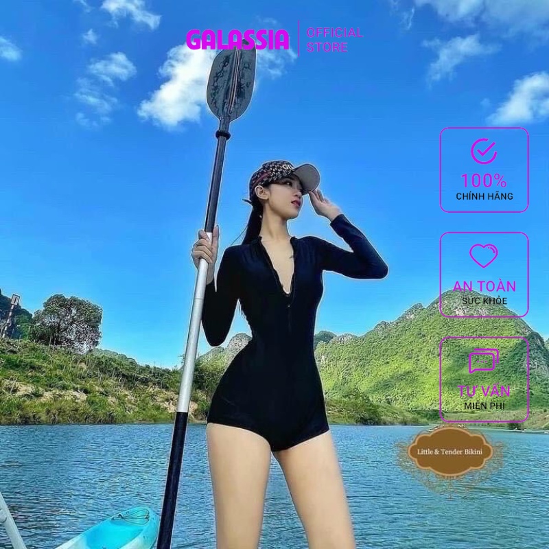 Bikini đen 1 mảnh đồ bơi nữ tắm biển dang jum tay dài kín đáo sang chãnh Galassia