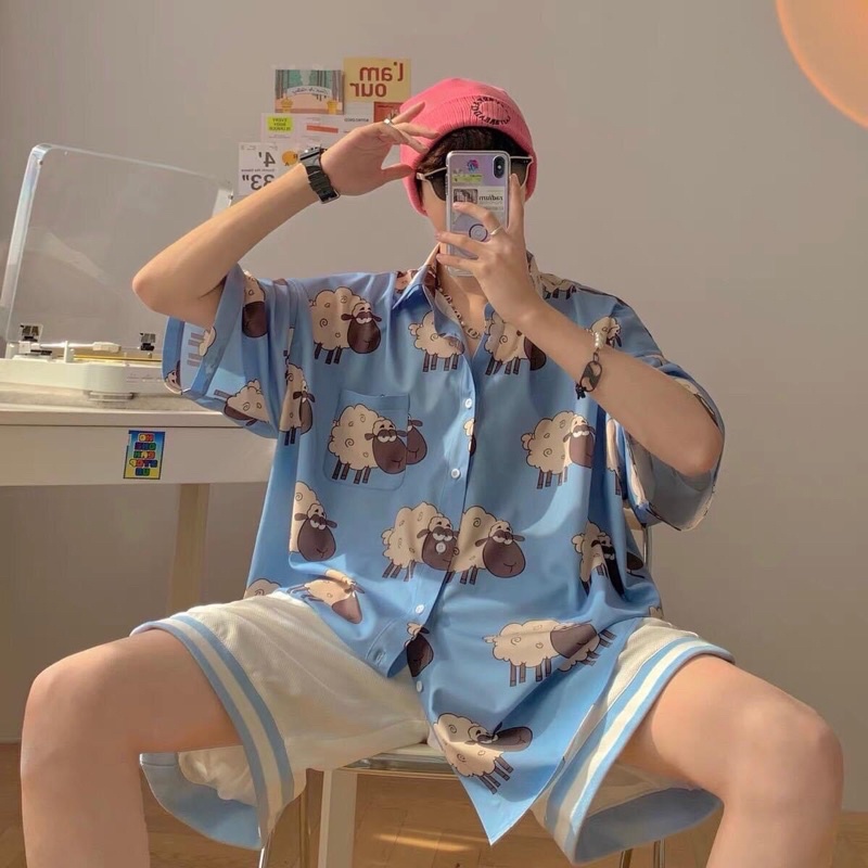 Áo Sơmi Tay Lở Unisex Hoạ Tiết Cừu