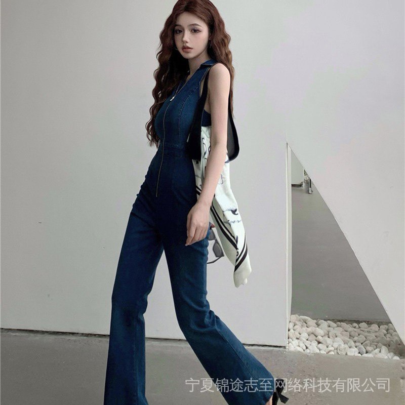 High quality · Nini  denim stretch jumpsuit women's summer hot pants Korean style sense zipper sleeveless vest straight long pants