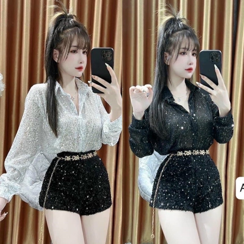 Có Tách Set, Set Áo Sơ Mi Kim Sa Mix Quần Sooc Kim Sa Hàng Quảng Châu Siêu Hot