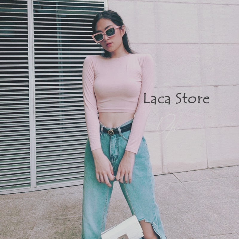 Áo croptop tay dài chất thun gân cotton mềm mát có size s m l tới 70kg LACA STORE B5-1, áo crt form ôm body basic