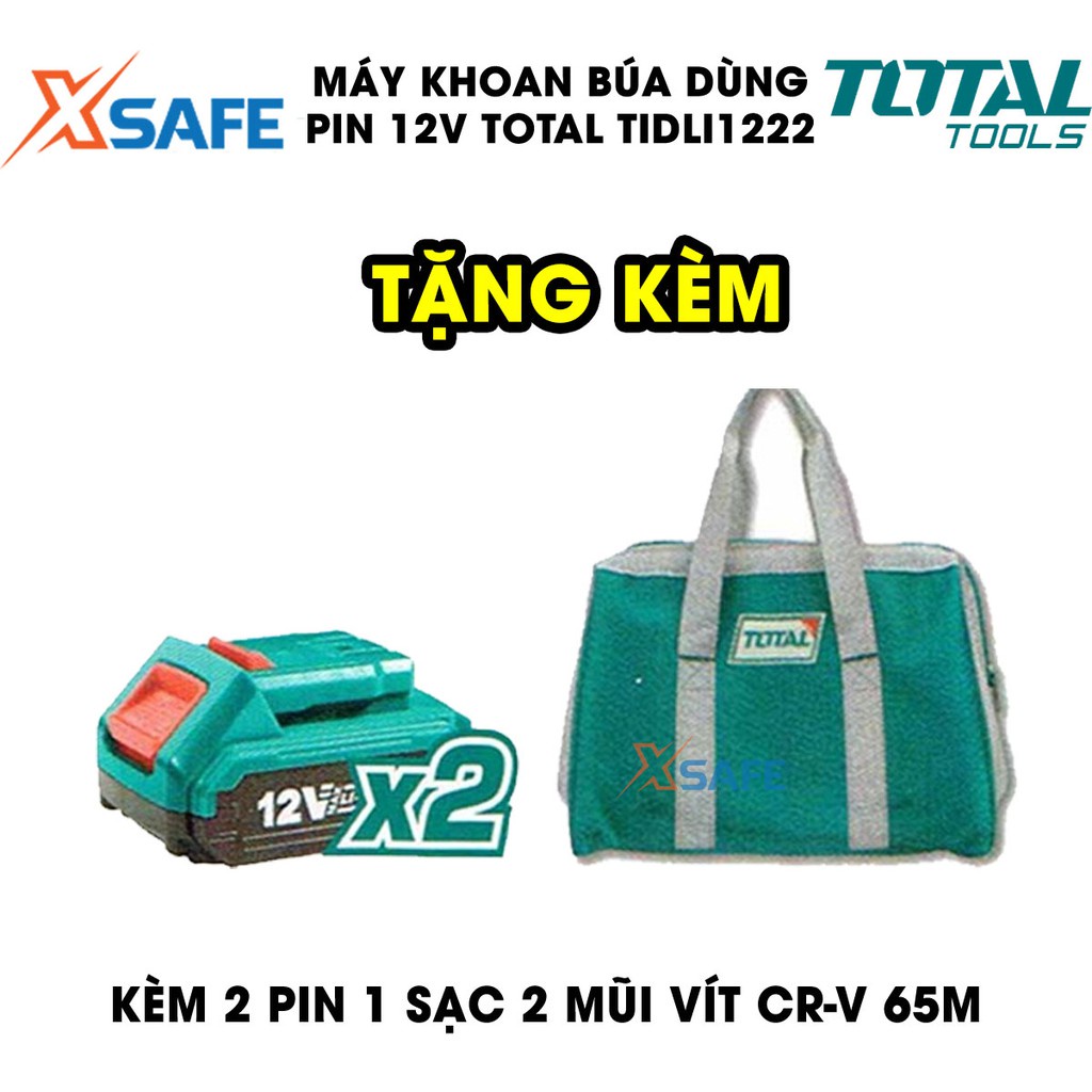 Máy khoan búa vặn vít dùng pin TOTAL 12V TIDLI1222 Máy khoan cầm tay kèm 2 pin 1.5Ah, thay thế tiện lợi - chính hãng