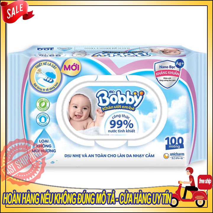 [HÀ NỘI] Khăn Ướt Bobby Không Mùi 100 tờ NANO Bạc (Màu Xanh và Màu Hồng)