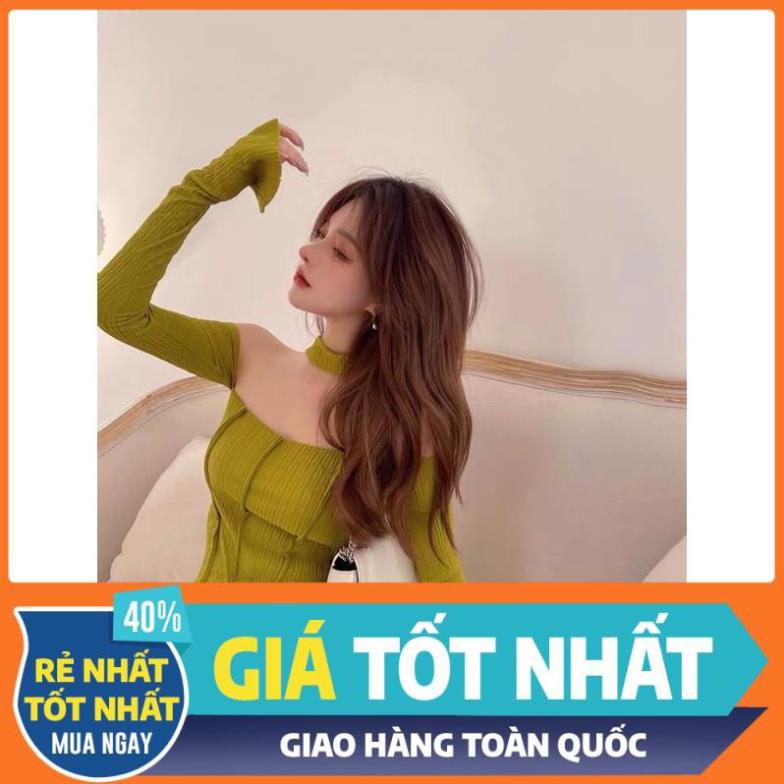 HÀNG ĐỘC QUYỀN QC Áo len gân nữ tay dài xẻ cúp ngực cổ dây yếm vạt tà xéo chéo bẹt bệt vai