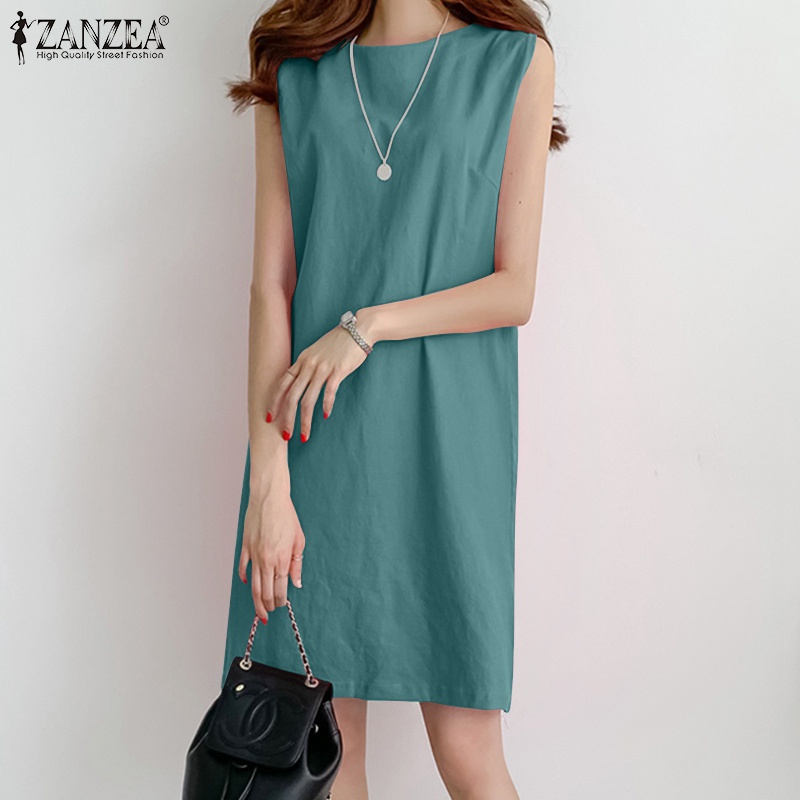 Đầm ngắn Zanzea không tay cổ tròn màu trơn đơn giản phong cách Hàn Quốc dành cho nữ