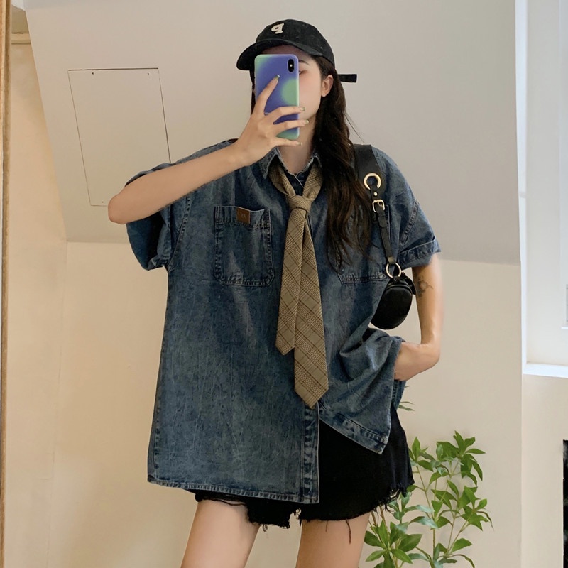 Áo Sơ Mi Denim Tay Ngắn Dáng Rộng Phối Túi Thời Trang Mùa Hè Cho Nữ