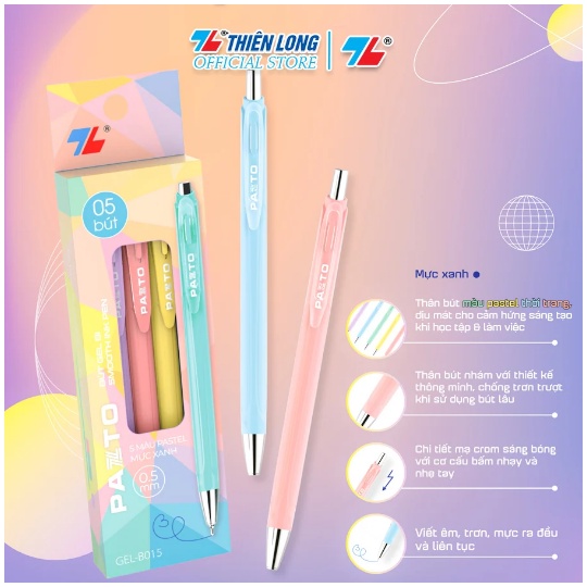 Bút gel B màu Pastel Thiên Long Pazto GEL-B015 - Mực xanh