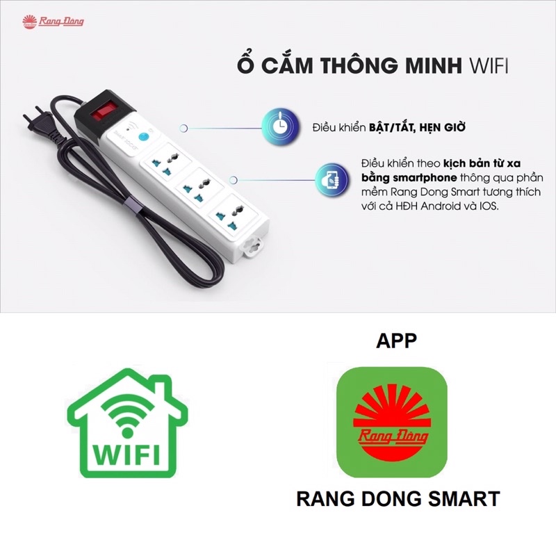 Ổ cắm điện thông minh wifi Rạng Đông2500w 3ổ cắm