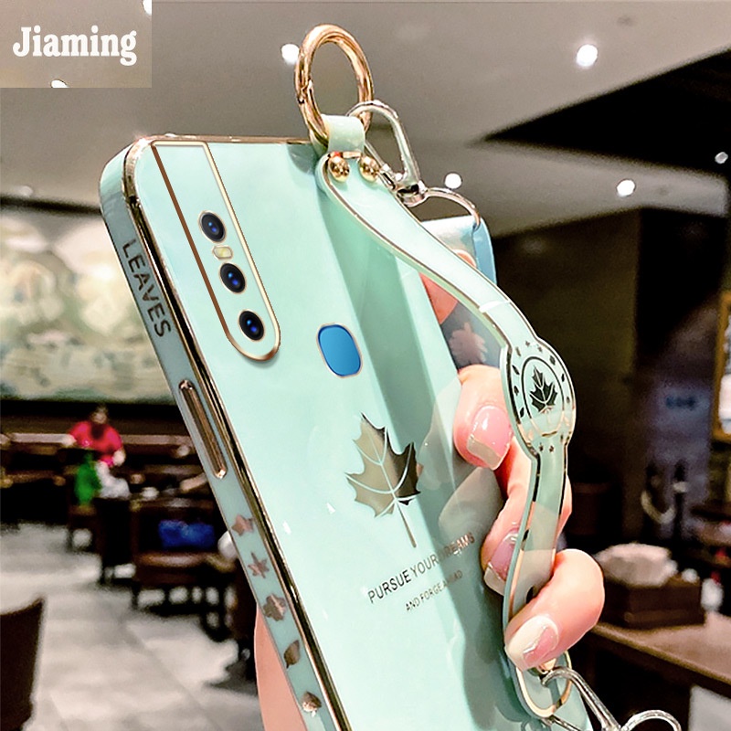 Ốp Điện Thoại Họa Tiết Lá Phong Viền Thẳng Mạ Điện Kèm Dây Đeo Và Vòng Tay Cho Vivo V15
