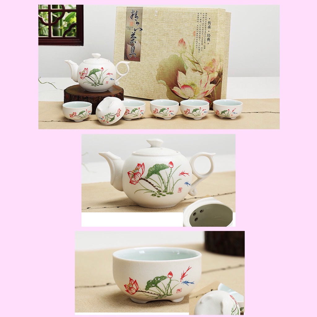 Bộ ly tách ấm trà có họa tiết chữ và hoa sen phong thủy