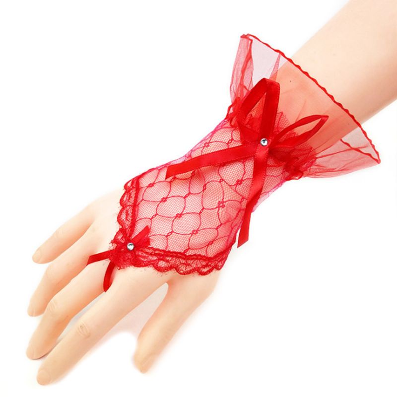 Găng Tay Ren Lưới Hở Ngón Đính Đá Xinh Xắn Cho Cô Dâu