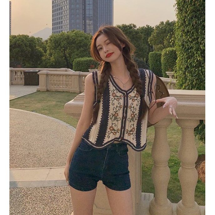 Áo kiểu XIAOZHAINV vải dệt kim mỏng không tay dáng rộng kiểu retro xinh xắn cho nữ