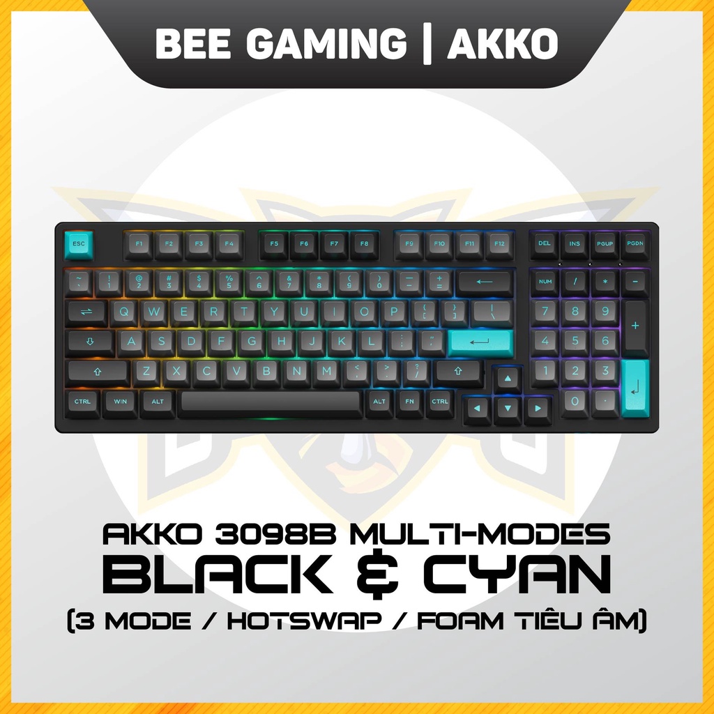 Bàn phím cơ AKKO 3098B Multi-modes Black & Cyan (Bluetooth 5.0 / Wireless 2.4Ghz / Hotswap / Foam tiêu âm / Jelly sw)