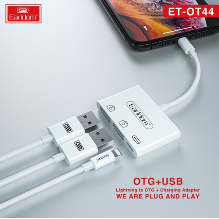 [Có Clip] Cáp OTG iPhone, iPad Earldom OT44 Tích hợp 2 cổng USB và 1 Cổng Lightning - Chính Hãng Earldom