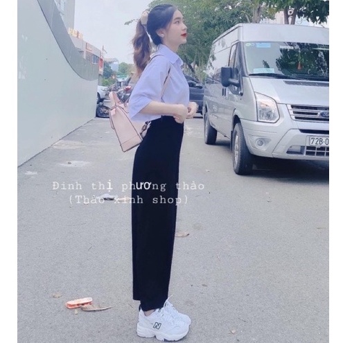 Quần tây ống rộng nữ khóa sườn lưng cao đi học màu đen dáng xuông đứng dài - Quần vải nữ cạp cao công sở vải mềm xuông