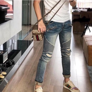 Quần bò nam xanh balmam rách vá gối da ống đứng hàng spf.