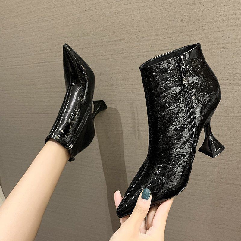 ✚﹊Ladies pointed toe patent leather high-heeled ankle boots women s 2020 new all-match spring and autumn single high heels winter stiletto