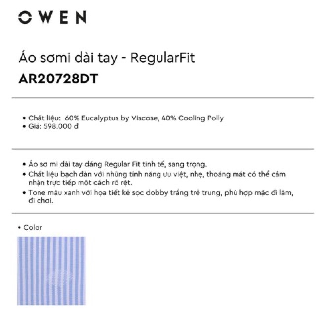 ÁO SƠ MI DÀI TAY THƯƠNG HIỆU OWEN ( regularfit)