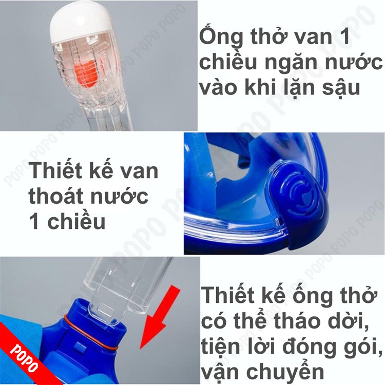 Mặt nạ lặn Full Face Size M cho người lớn, trẻ em từ 10 đến 16 tuổi mắt KÍNH CƯỜNG LỰC, kèm ống thở ngăn nước