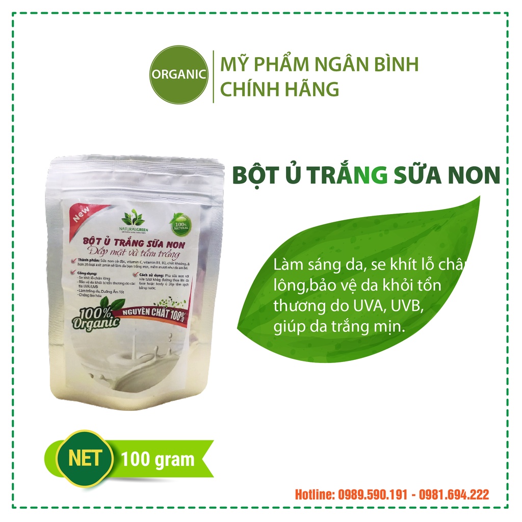 Bột ủ trắng sữa non làm trắng, sáng da tại nhà, dưỡng da mềm mịn, se khít lỗ chân lông 100gr