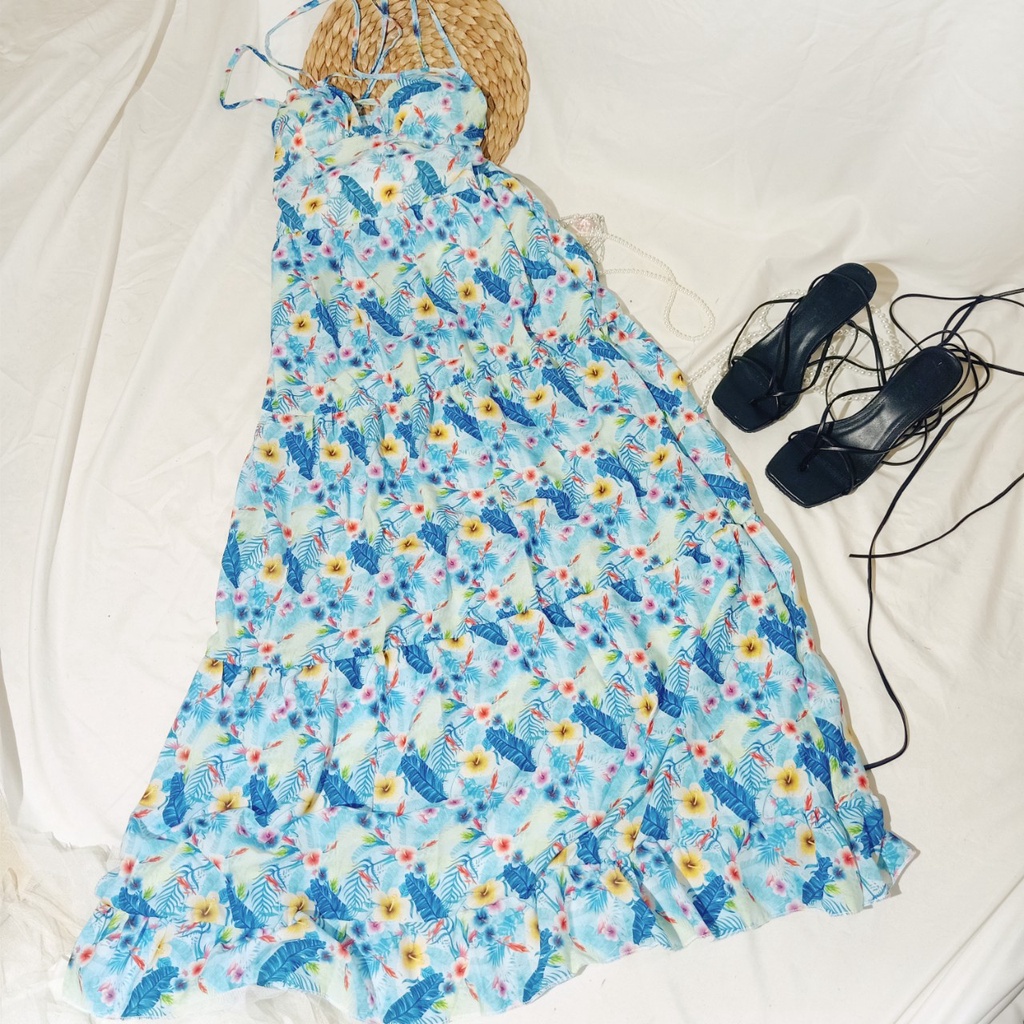 Đầm hoa đi biển dáng dài nhiều dây (kèm mút ngực) voan xếp tầng quyến rũ