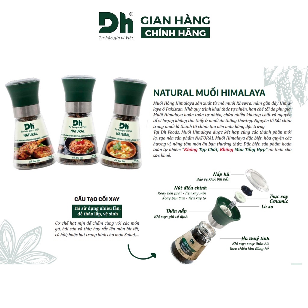 Muối Himalaya tiêu Phú Quốc ớt Hàn Quốc Natural DH Foods dạng cối xay gia vị chế biến thực phẩm thơm ngon 70gr - DHGVT95