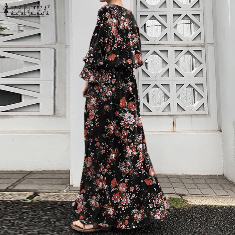 ZANZEA Đầm Dài Tay Cổ Tròn Xẻ Tà Họa Tiết Hoa Thanh Lịch Cho Nữ